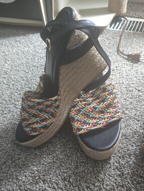 Woven Multicolor Espadrille Wedge Sandals - Black